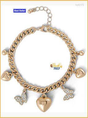 Adjustable Chunky Charm Bracelet with 7 Charms, Gold Tone, One Size